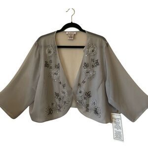 NEW Roaman’s Sheer Gray Appliique, Beaded Bolero Jkt Sz 26W Old Money, Ethereal